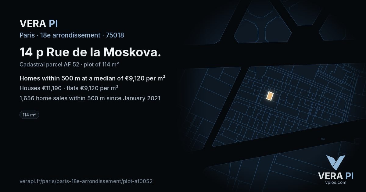 14 p Rue de la Moskova, 18e arrondissement at night – the plot lit, the parcels around coloured by the prices near them