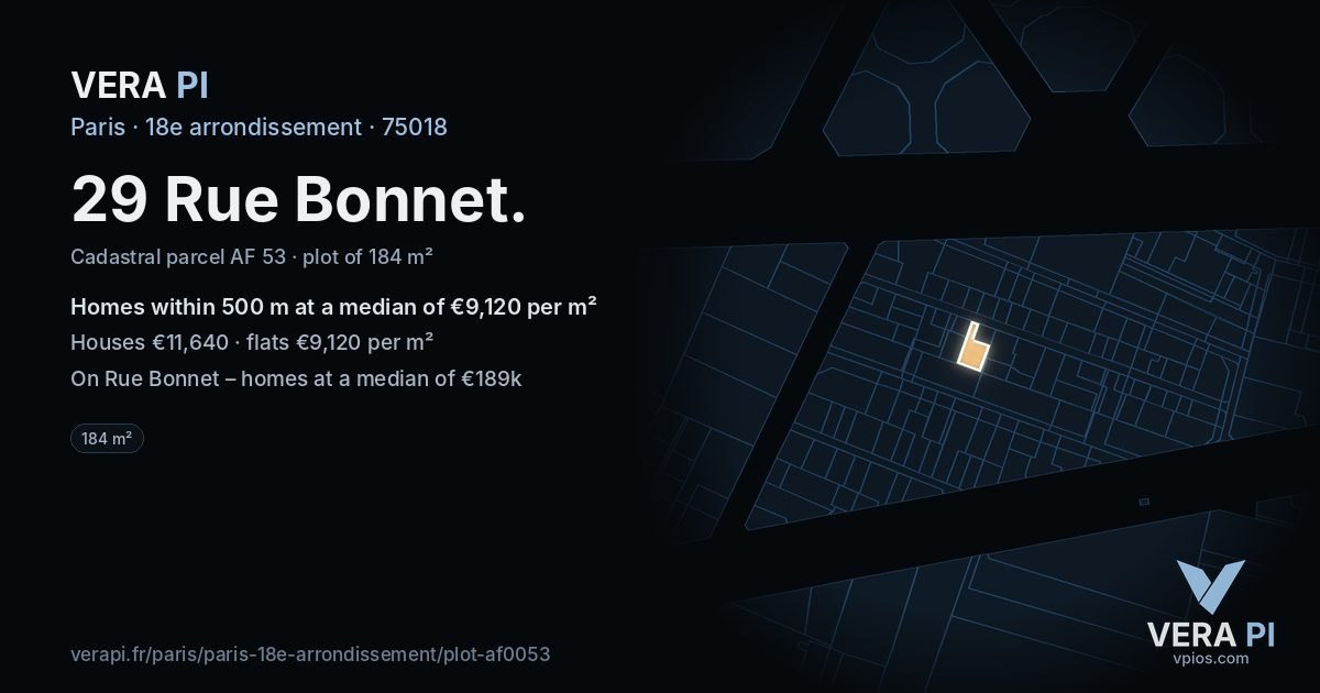 29 Rue Bonnet, 18e arrondissement at night – the plot lit, the parcels around coloured by the prices near them