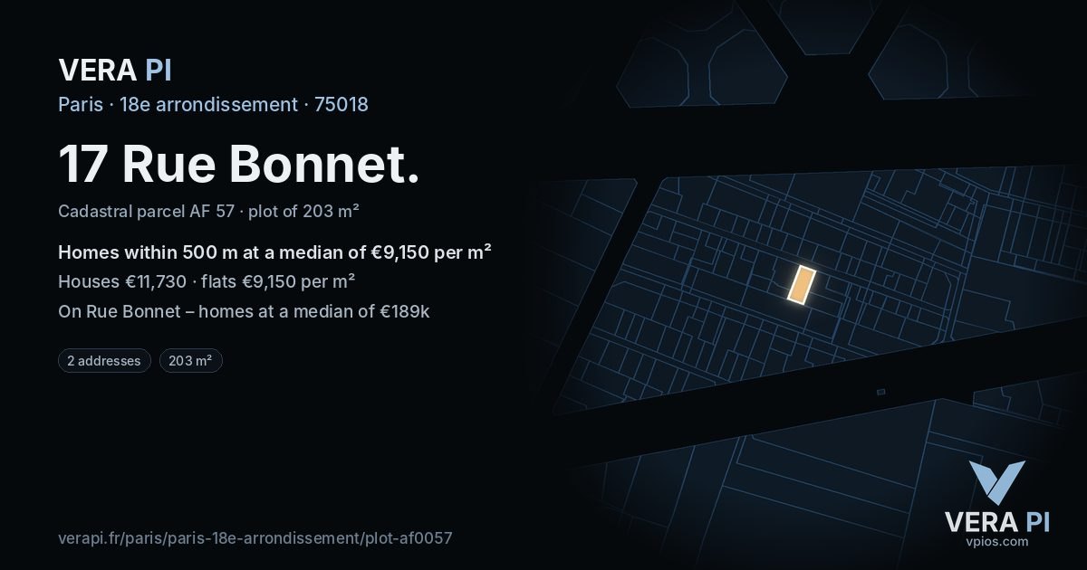17 Rue Bonnet, 18e arrondissement at night – the plot lit, the parcels around coloured by the prices near them