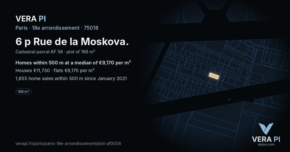 6 p Rue de la Moskova, 18e arrondissement at night – the plot lit, the parcels around coloured by the prices near them
