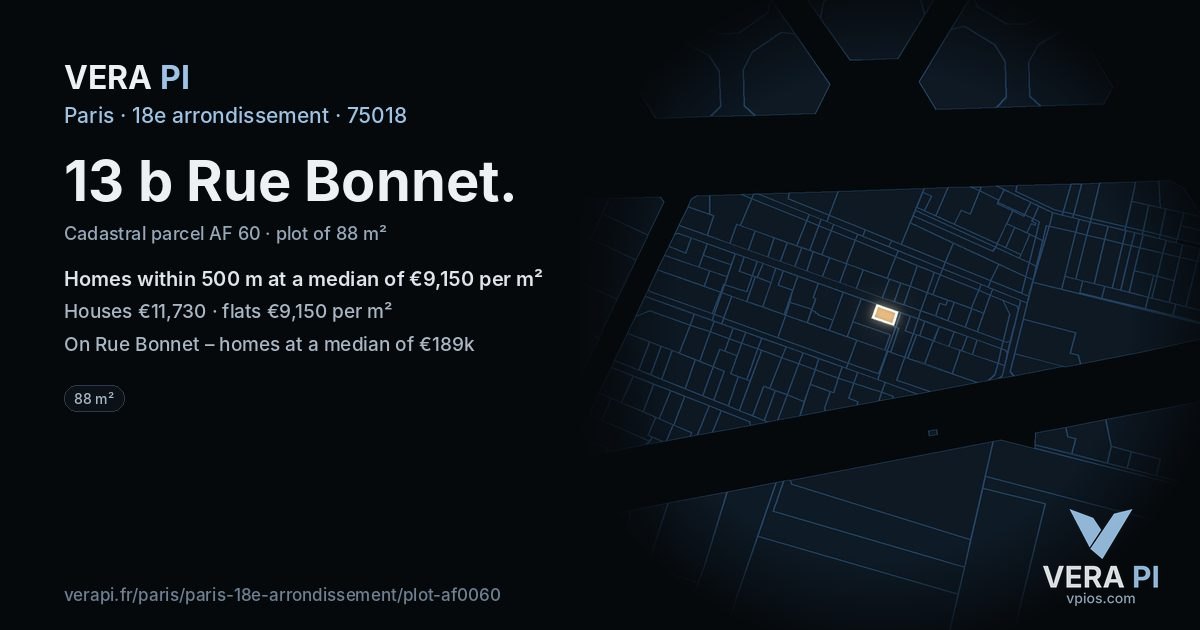 13 b Rue Bonnet, 18e arrondissement at night – the plot lit, the parcels around coloured by the prices near them