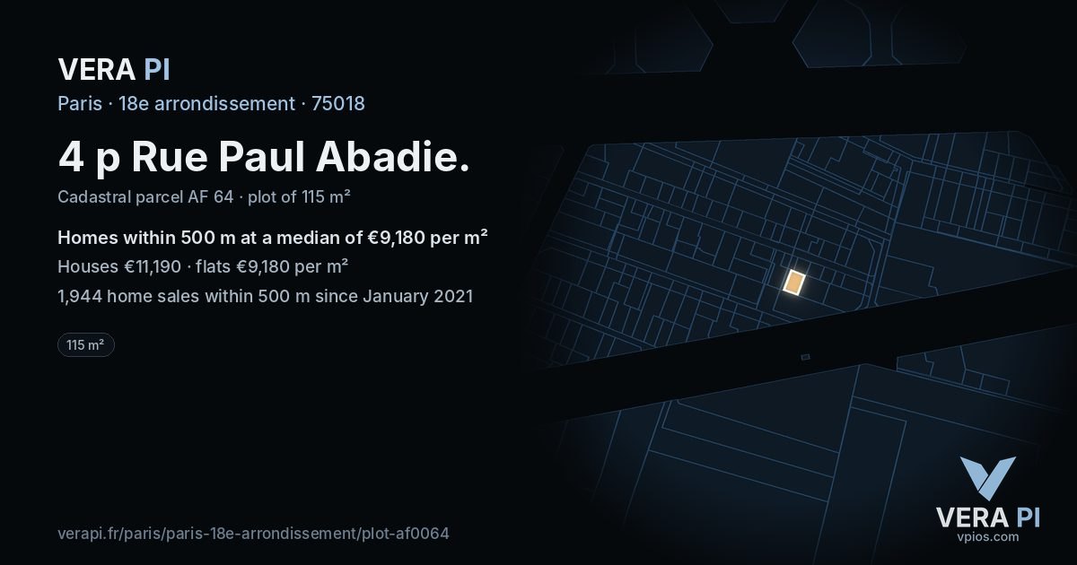 4 p Rue Paul Abadie, 18e arrondissement at night – the plot lit, the parcels around coloured by the prices near them