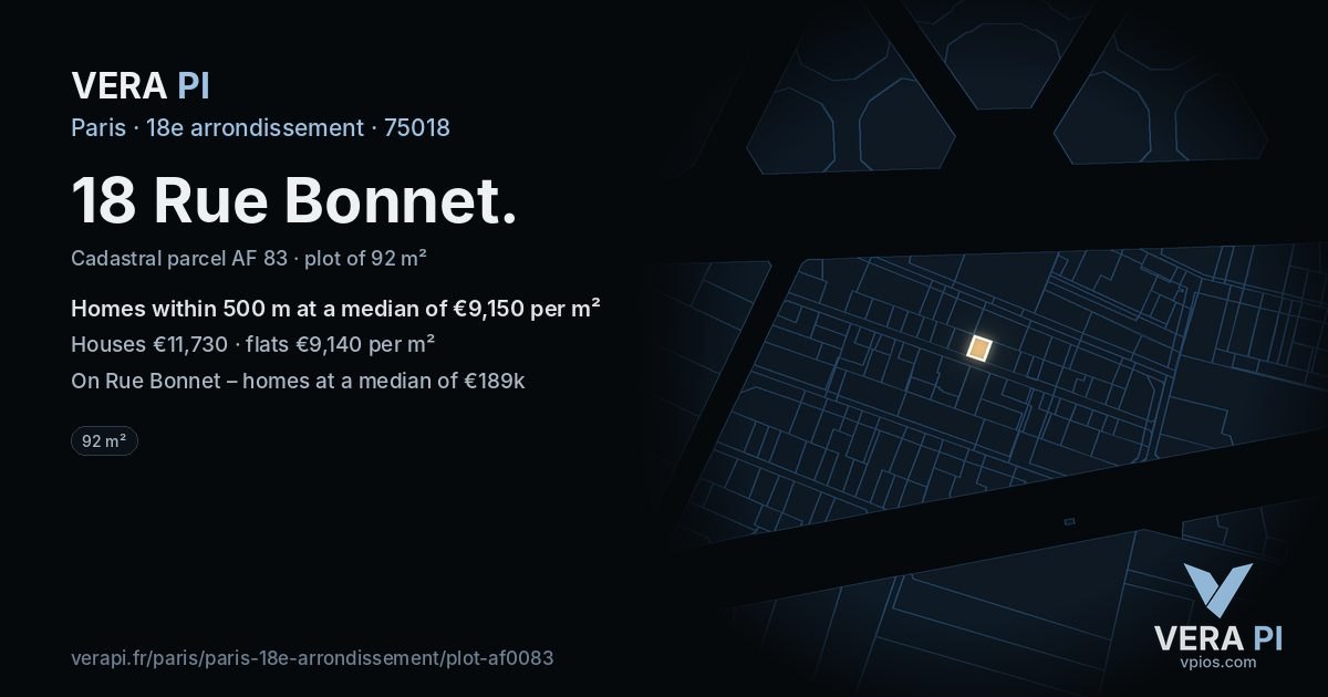 18 Rue Bonnet, 18e arrondissement at night – the plot lit, the parcels around coloured by the prices near them