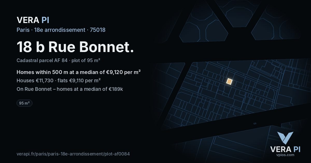 18 b Rue Bonnet, 18e arrondissement at night – the plot lit, the parcels around coloured by the prices near them