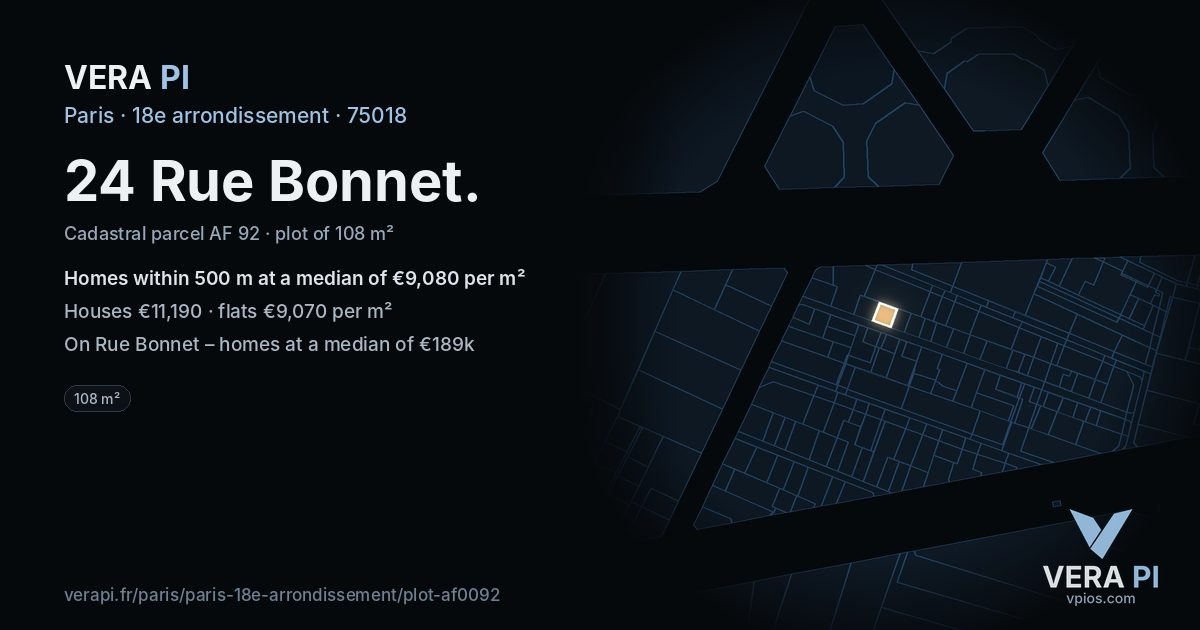 24 Rue Bonnet, 18e arrondissement at night – the plot lit, the parcels around coloured by the prices near them