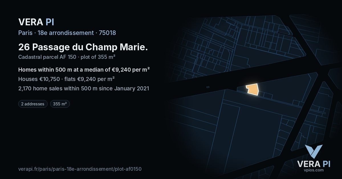26 Passage du Champ Marie, 18e arrondissement at night – the plot lit, the parcels around coloured by the prices near them