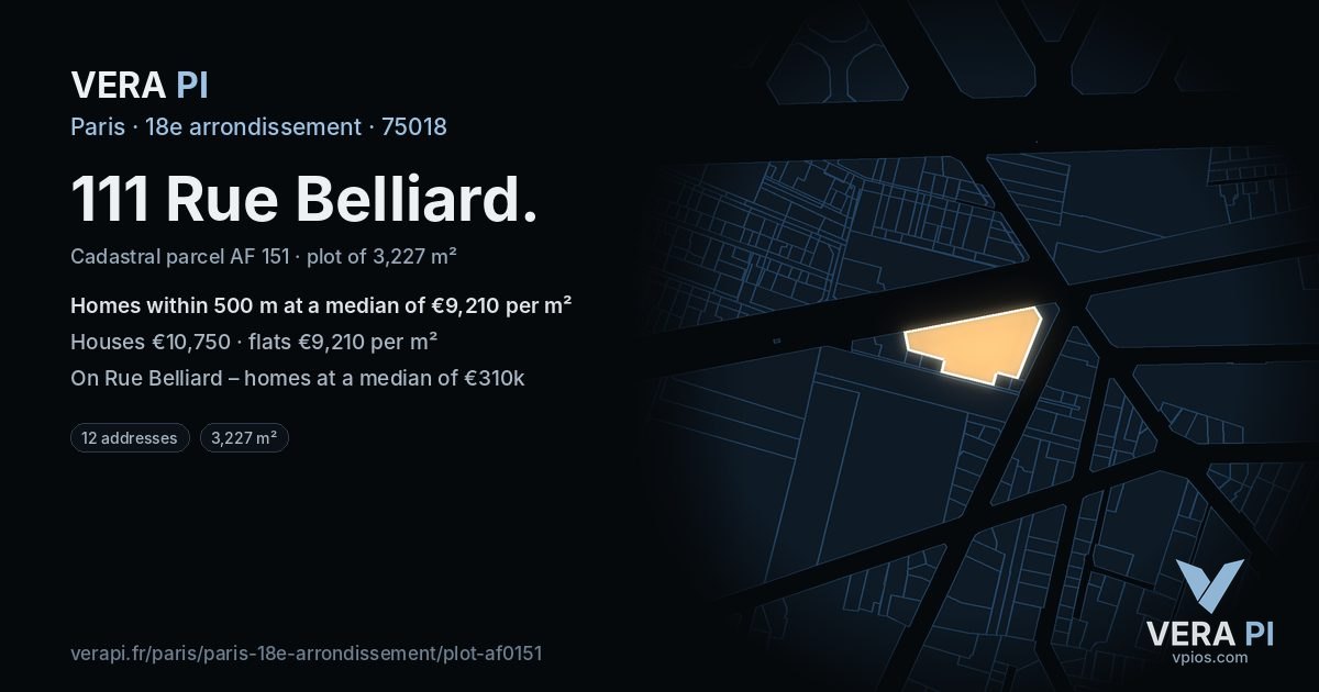 111 Rue Belliard, 18e arrondissement at night – the plot lit, the parcels around coloured by the prices near them