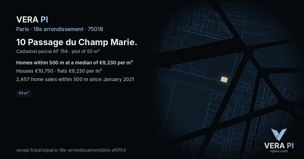 10 Passage du Champ Marie, 18e arrondissement at night – the plot lit, the parcels around coloured by the prices near them