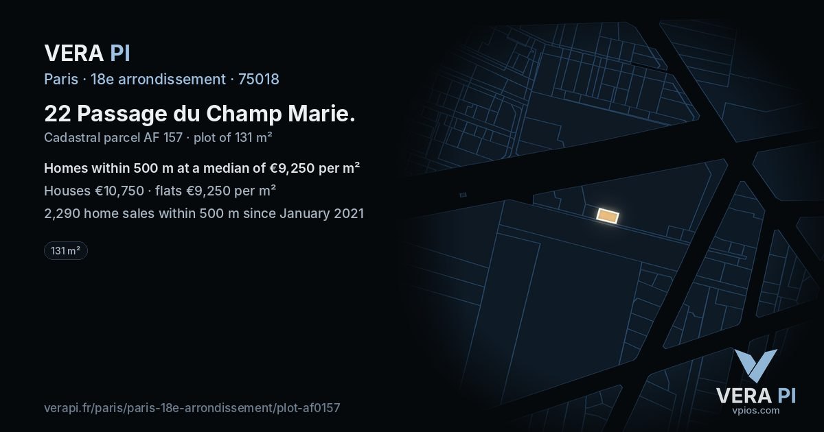 22 Passage du Champ Marie, 18e arrondissement at night – the plot lit, the parcels around coloured by the prices near them