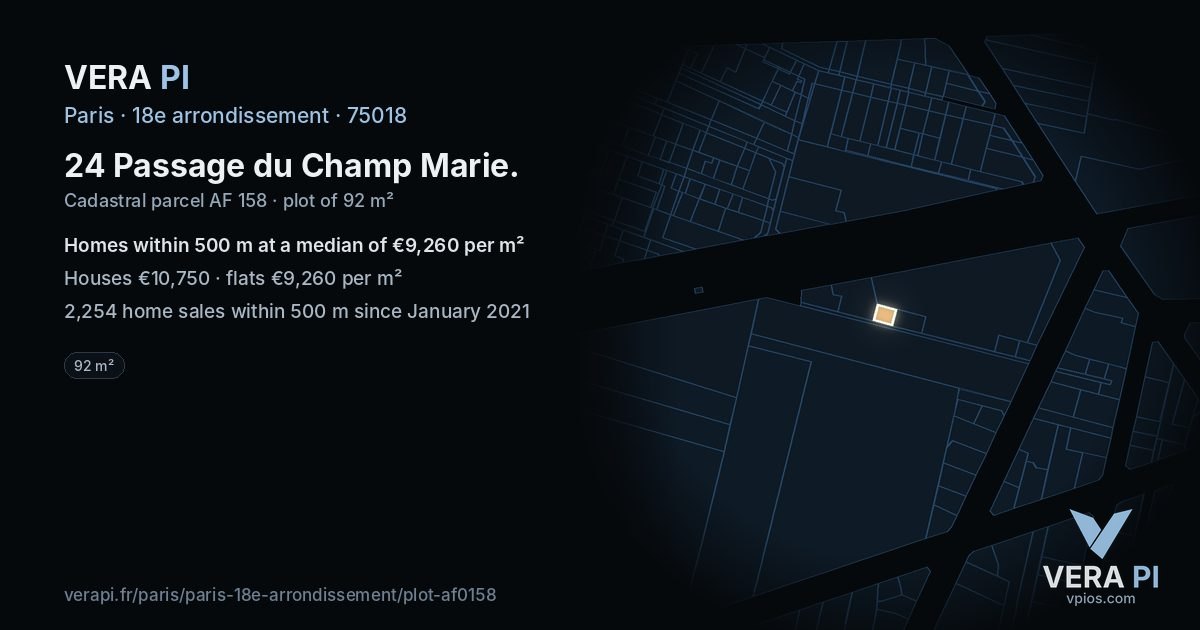 24 Passage du Champ Marie, 18e arrondissement at night – the plot lit, the parcels around coloured by the prices near them