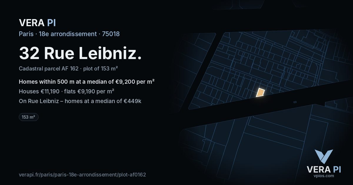 32 Rue Leibniz, 18e arrondissement at night – the plot lit, the parcels around coloured by the prices near them