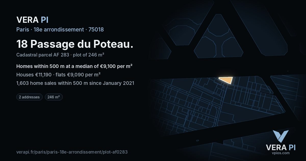 18 Passage du Poteau, 18e arrondissement at night – the plot lit, the parcels around coloured by the prices near them