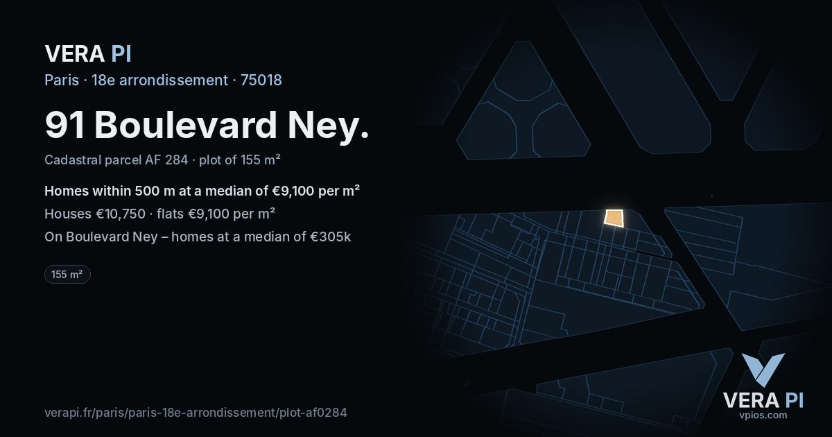 91 Boulevard Ney, 18e arrondissement at night – the plot lit, the parcels around coloured by the prices near them