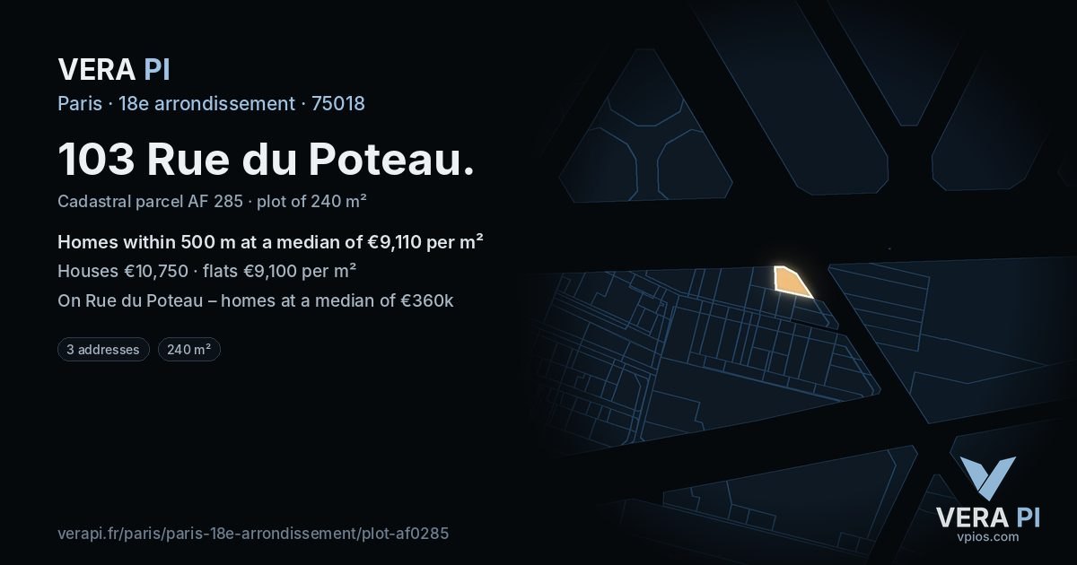 103 Rue du Poteau, 18e arrondissement at night – the plot lit, the parcels around coloured by the prices near them