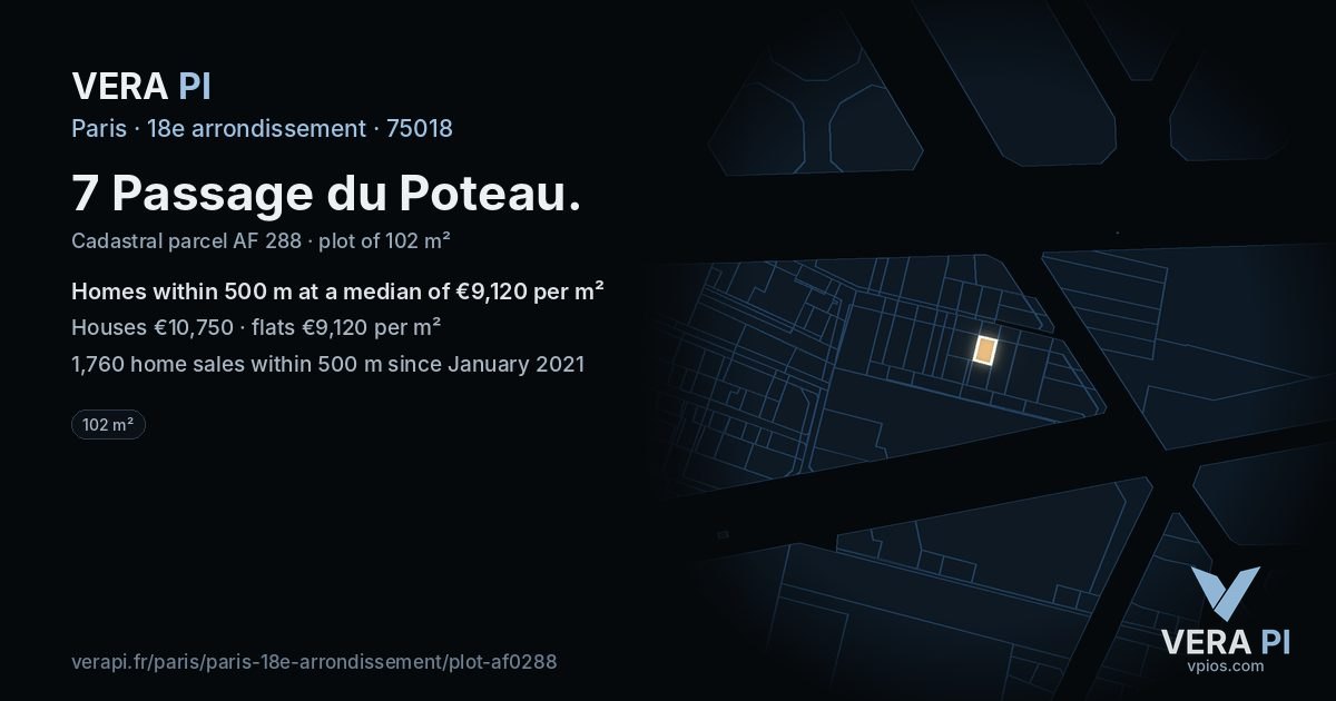 7 Passage du Poteau, 18e arrondissement at night – the plot lit, the parcels around coloured by the prices near them