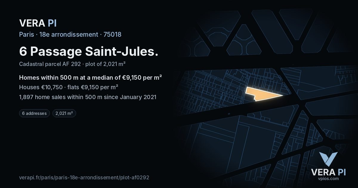 6 Passage Saint-Jules, 18e arrondissement at night – the plot lit, the parcels around coloured by the prices near them
