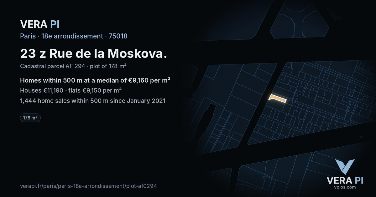 23 z Rue de la Moskova, 18e arrondissement at night – the plot lit, the parcels around coloured by the prices near them