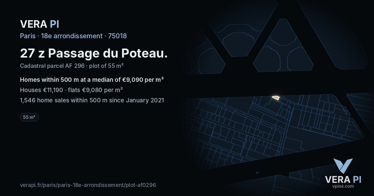 27 z Passage du Poteau, 18e arrondissement at night – the plot lit, the parcels around coloured by the prices near them