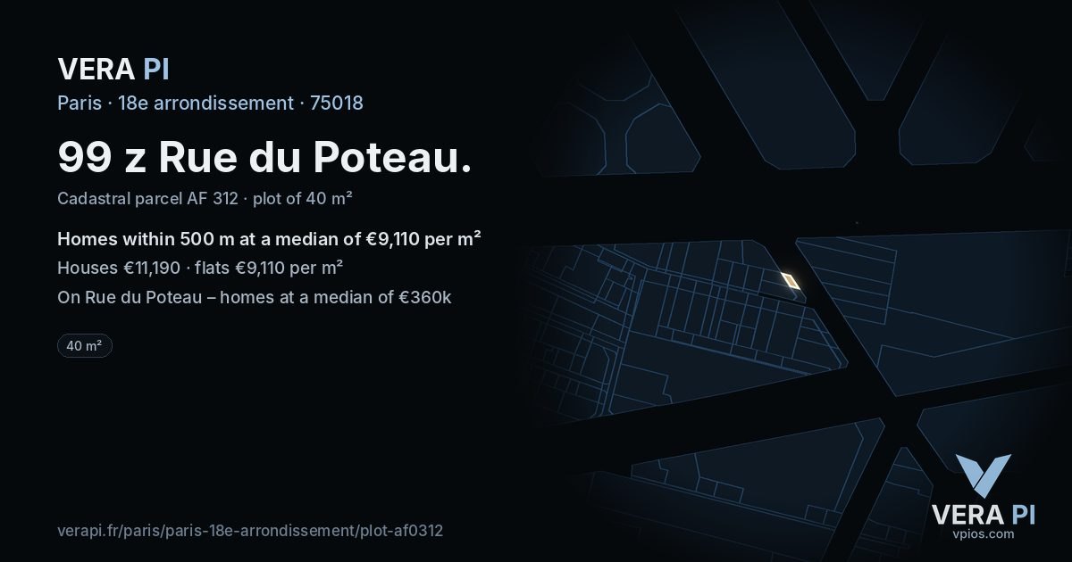 99 z Rue du Poteau, 18e arrondissement at night – the plot lit, the parcels around coloured by the prices near them