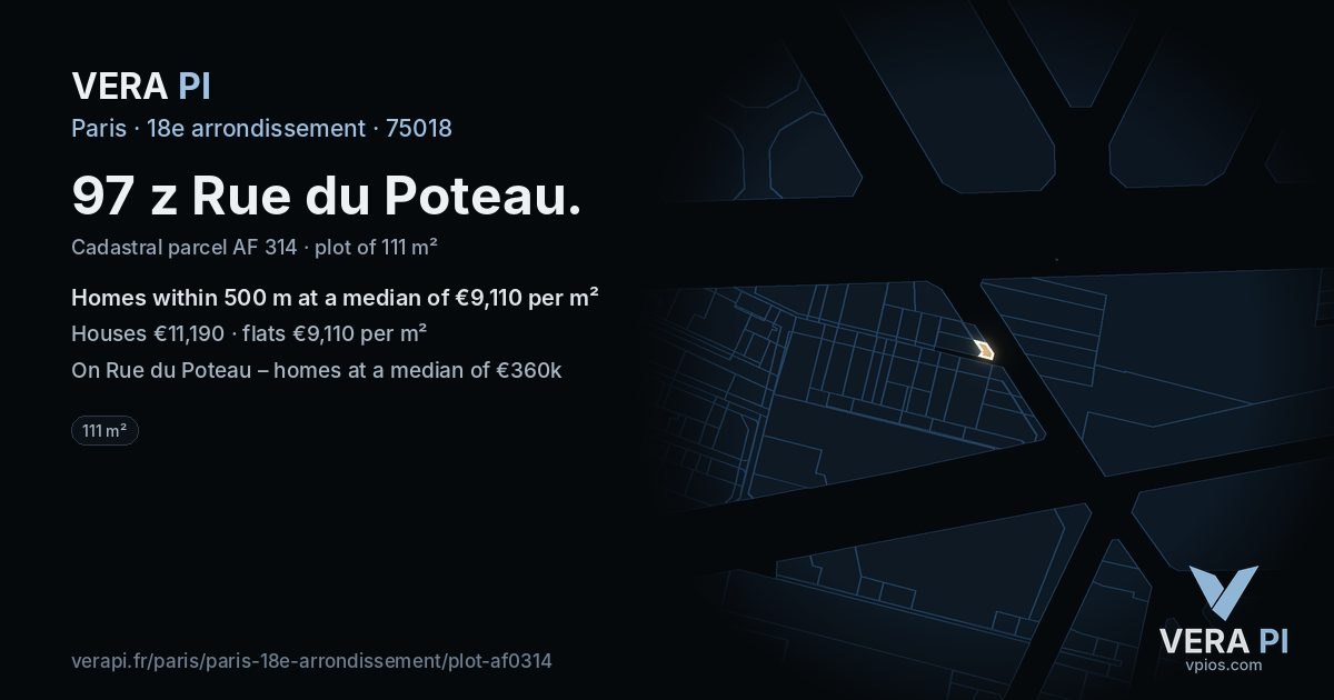 97 z Rue du Poteau, 18e arrondissement at night – the plot lit, the parcels around coloured by the prices near them