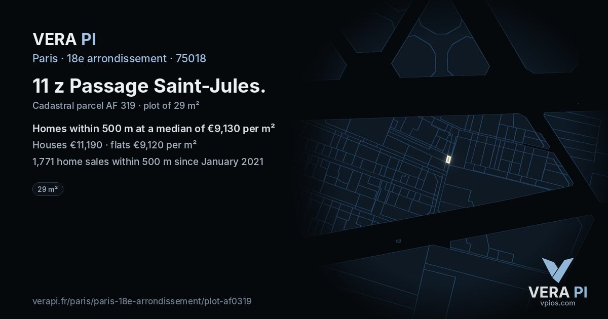 11 z Passage Saint-Jules, 18e arrondissement at night – the plot lit, the parcels around coloured by the prices near them