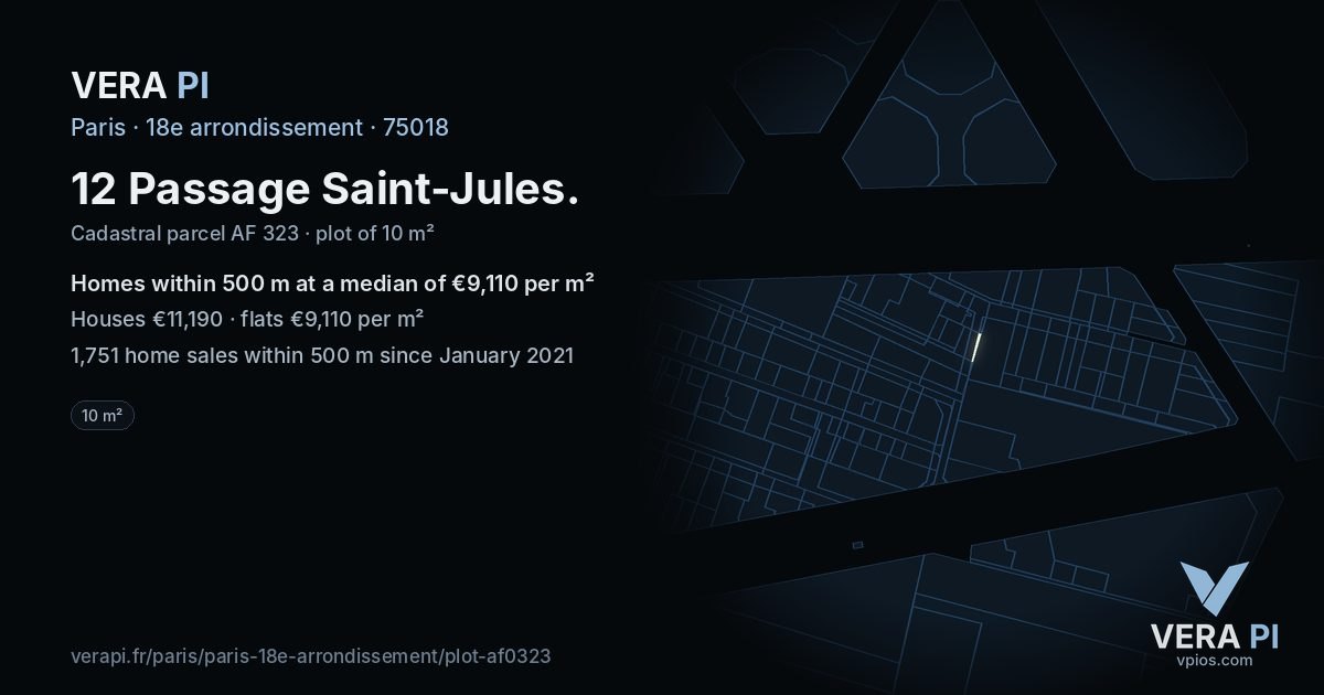 12 Passage Saint-Jules, 18e arrondissement at night – the plot lit, the parcels around coloured by the prices near them