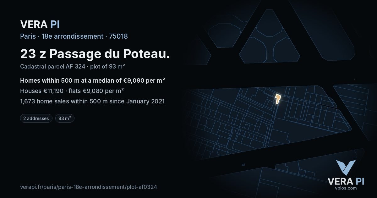 23 z Passage du Poteau, 18e arrondissement at night – the plot lit, the parcels around coloured by the prices near them