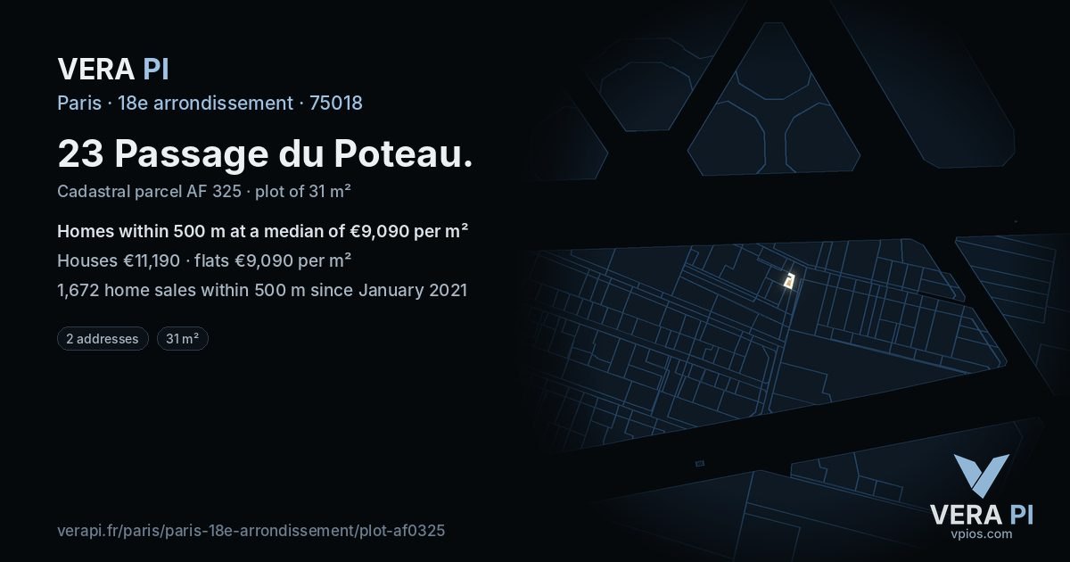 23 Passage du Poteau, 18e arrondissement at night – the plot lit, the parcels around coloured by the prices near them