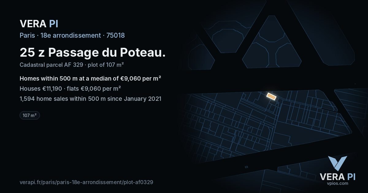 25 z Passage du Poteau, 18e arrondissement at night – the plot lit, the parcels around coloured by the prices near them