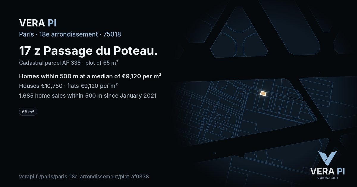 17 z Passage du Poteau, 18e arrondissement at night – the plot lit, the parcels around coloured by the prices near them