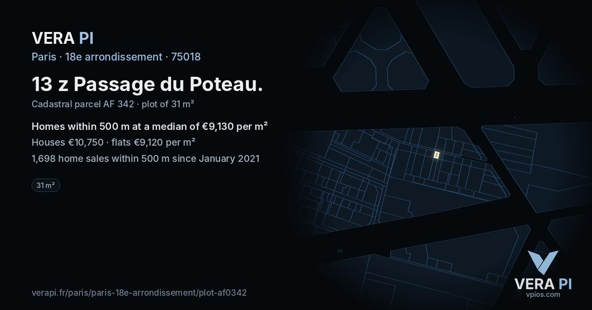 13 z Passage du Poteau, 18e arrondissement at night – the plot lit, the parcels around coloured by the prices near them