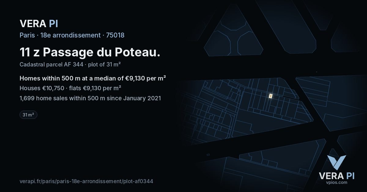 11 z Passage du Poteau, 18e arrondissement at night – the plot lit, the parcels around coloured by the prices near them