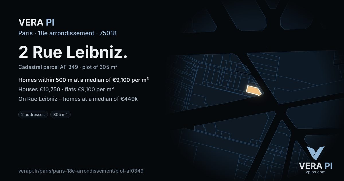 2 Rue Leibniz, 18e arrondissement at night – the plot lit, the parcels around coloured by the prices near them