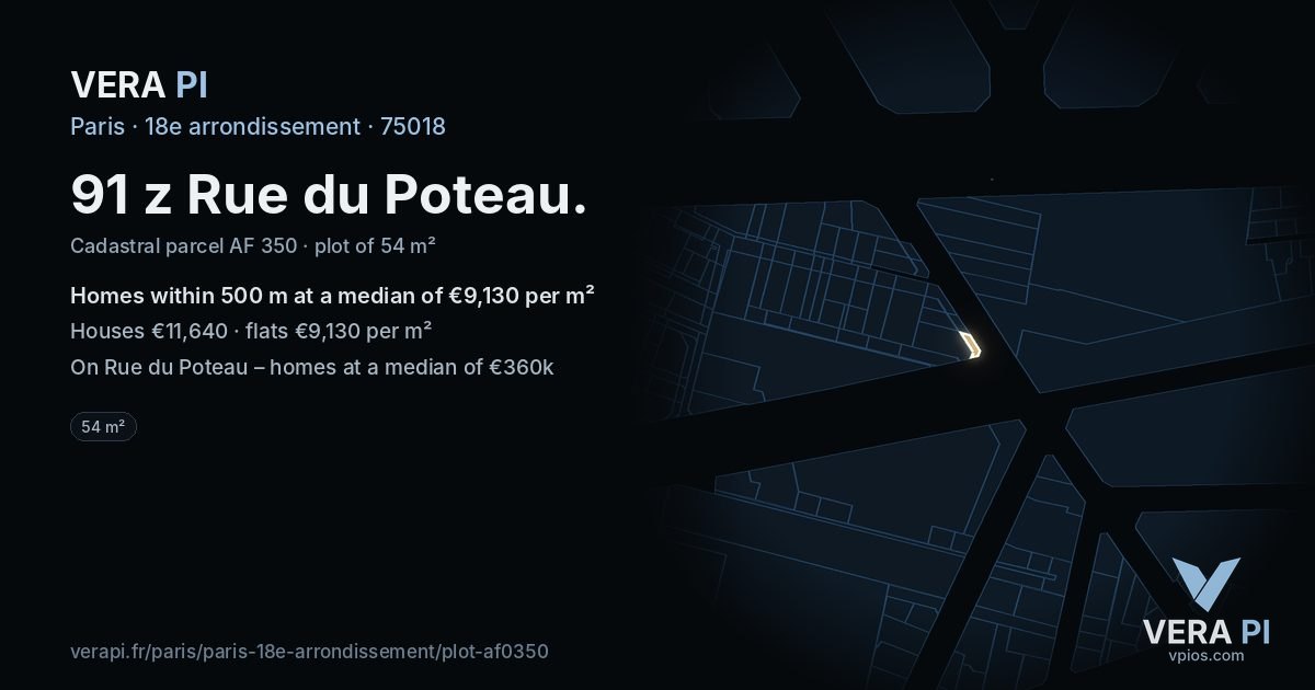 91 z Rue du Poteau, 18e arrondissement at night – the plot lit, the parcels around coloured by the prices near them