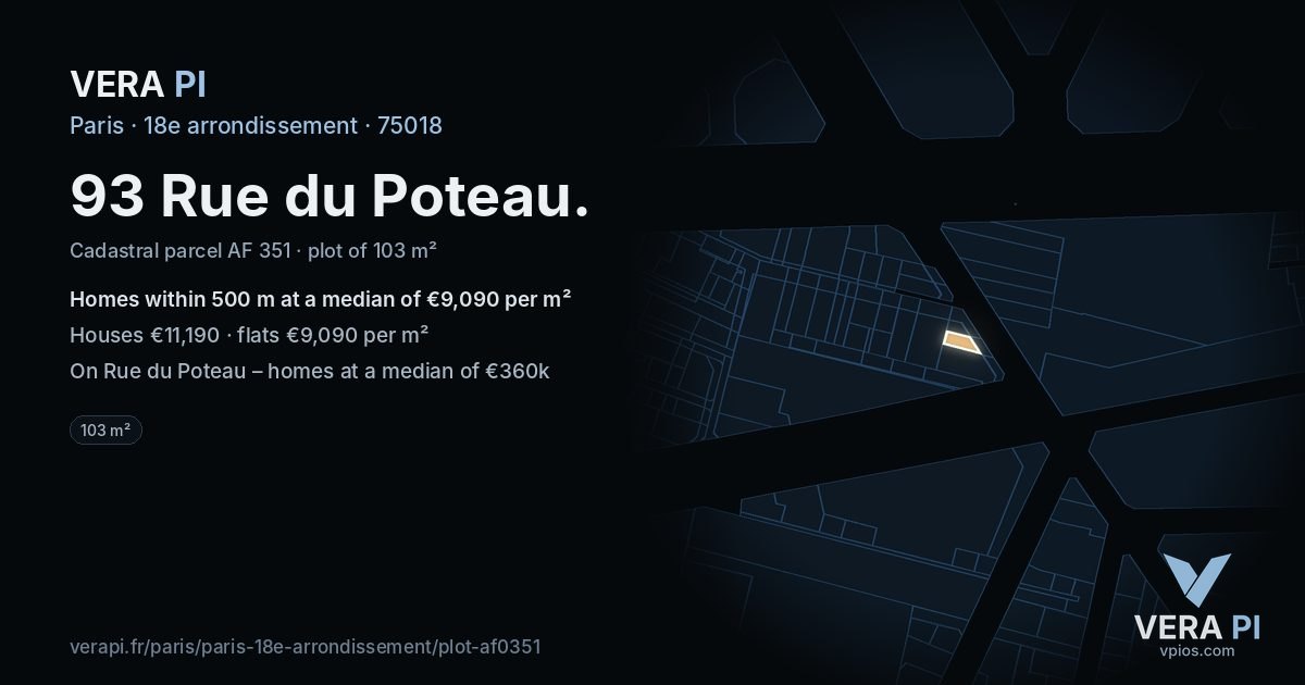 93 Rue du Poteau, 18e arrondissement at night – the plot lit, the parcels around coloured by the prices near them