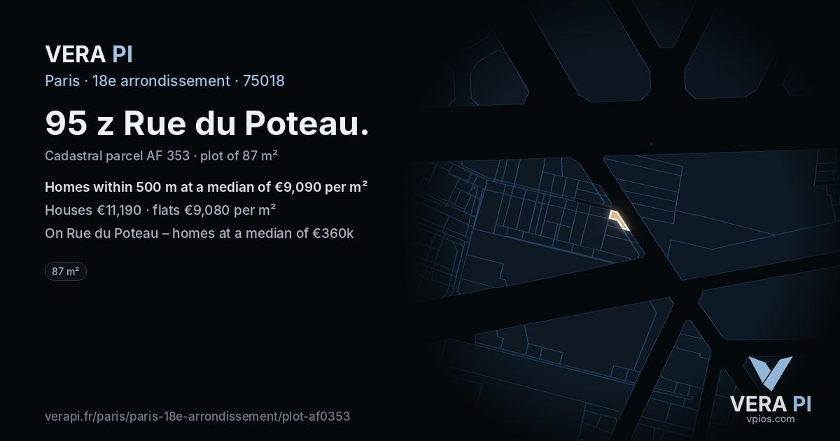 95 z Rue du Poteau, 18e arrondissement at night – the plot lit, the parcels around coloured by the prices near them
