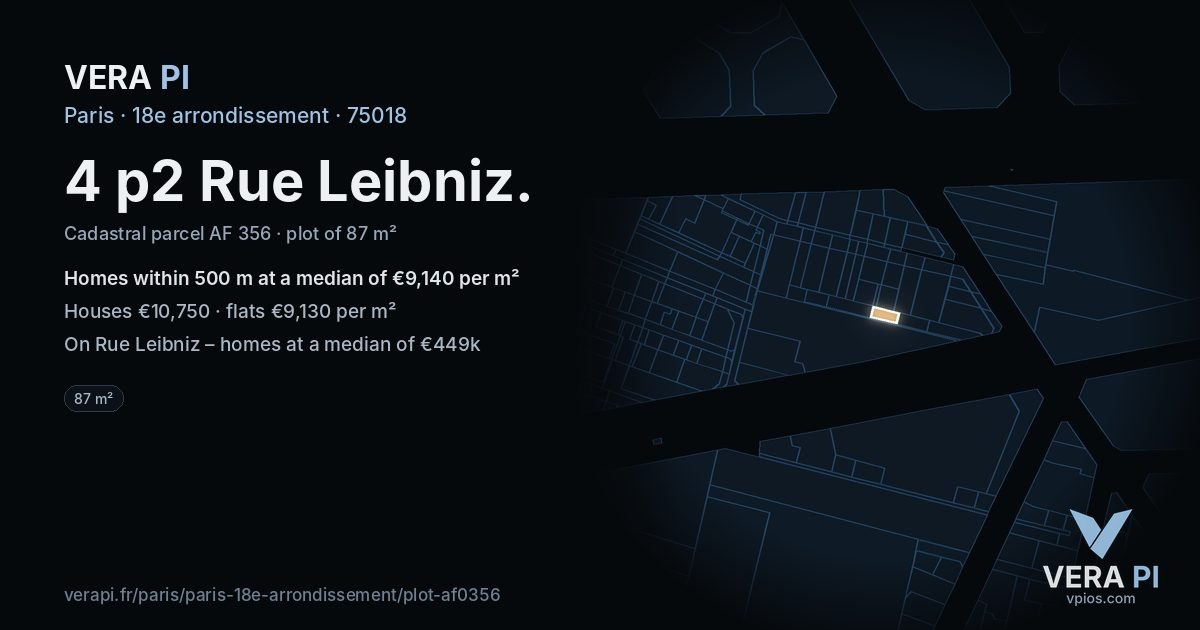 4 p2 Rue Leibniz, 18e arrondissement at night – the plot lit, the parcels around coloured by the prices near them