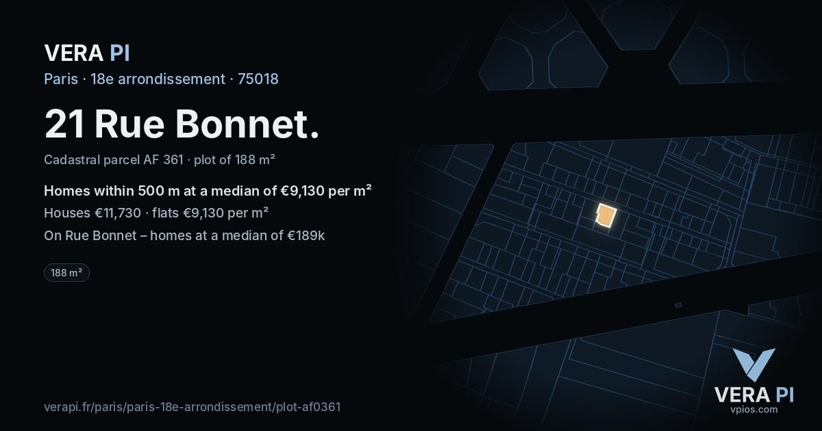 21 Rue Bonnet, 18e arrondissement at night – the plot lit, the parcels around coloured by the prices near them
