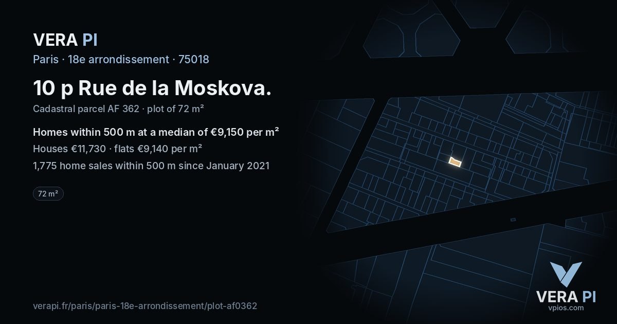 10 p Rue de la Moskova, 18e arrondissement at night – the plot lit, the parcels around coloured by the prices near them
