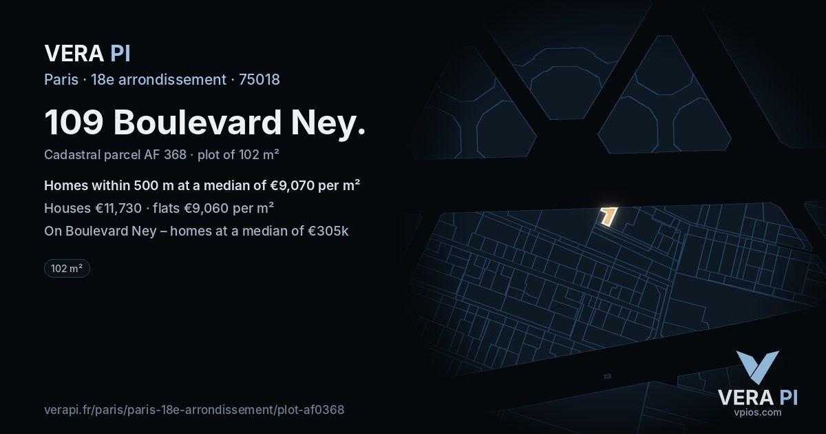 109 Boulevard Ney, 18e arrondissement at night – the plot lit, the parcels around coloured by the prices near them
