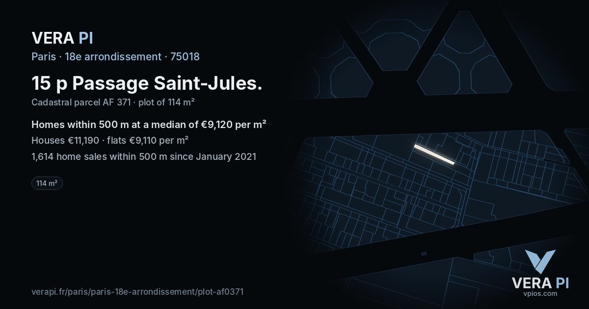 15 p Passage Saint-Jules, 18e arrondissement at night – the plot lit, the parcels around coloured by the prices near them