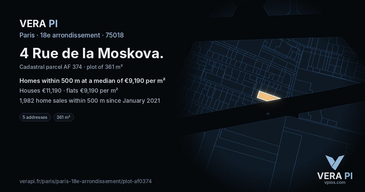 4 Rue de la Moskova, 18e arrondissement at night – the plot lit, the parcels around coloured by the prices near them