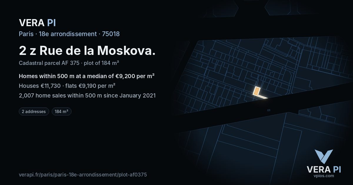 2 z Rue de la Moskova, 18e arrondissement at night – the plot lit, the parcels around coloured by the prices near them