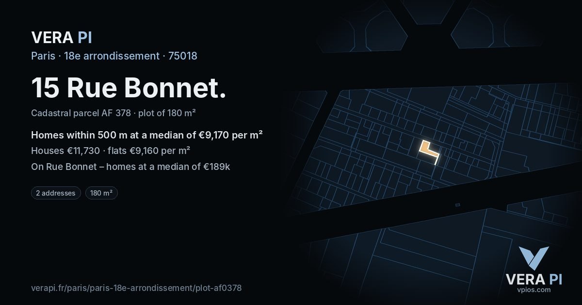 15 Rue Bonnet, 18e arrondissement at night – the plot lit, the parcels around coloured by the prices near them