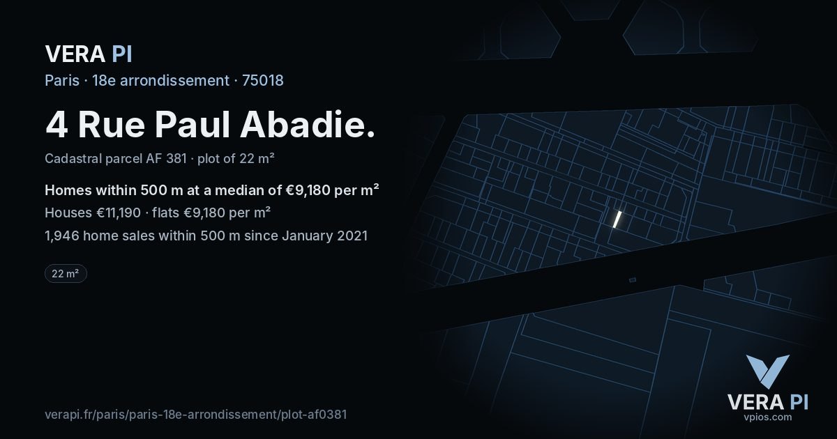 4 Rue Paul Abadie, 18e arrondissement at night – the plot lit, the parcels around coloured by the prices near them