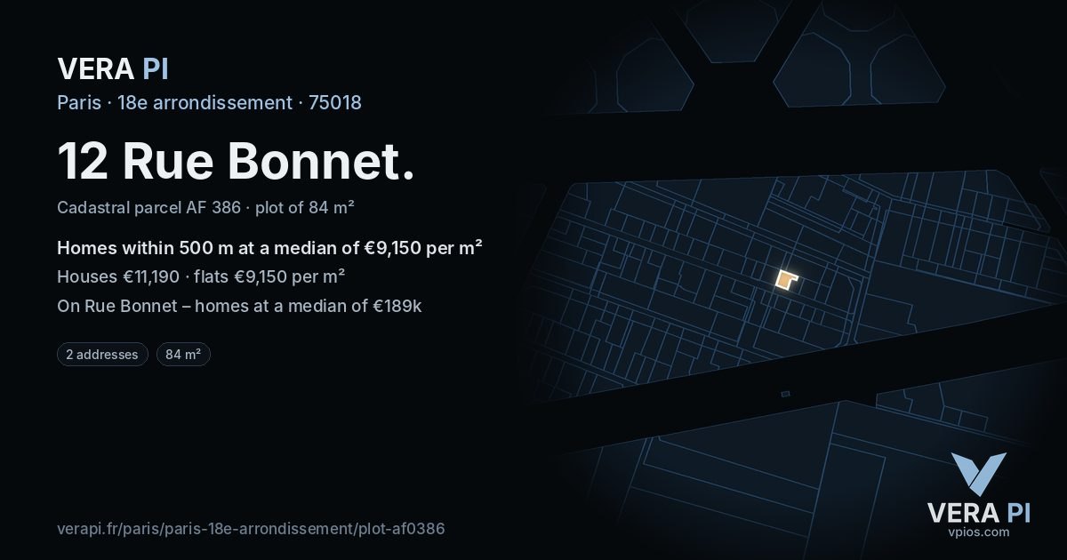 12 Rue Bonnet, 18e arrondissement at night – the plot lit, the parcels around coloured by the prices near them