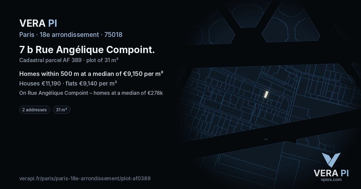 7 b Rue Angélique Compoint, 18e arrondissement at night – the plot lit, the parcels around coloured by the prices near them