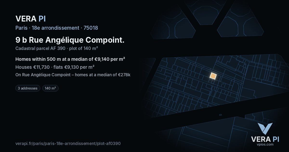 9 b Rue Angélique Compoint, 18e arrondissement at night – the plot lit, the parcels around coloured by the prices near them