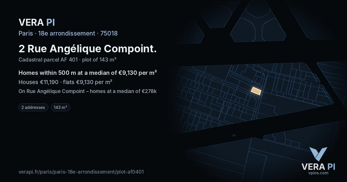 2 Rue Angélique Compoint, 18e arrondissement at night – the plot lit, the parcels around coloured by the prices near them