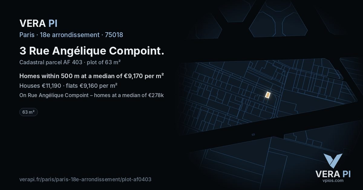 3 Rue Angélique Compoint, 18e arrondissement at night – the plot lit, the parcels around coloured by the prices near them